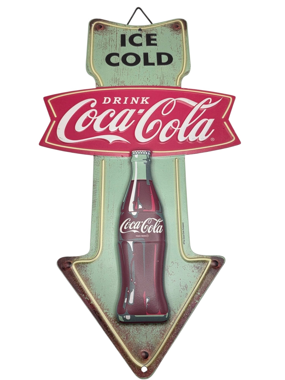 Coca-Cola Ice Cold Arrow Embossed Metal Sign Reproduction License 14”
